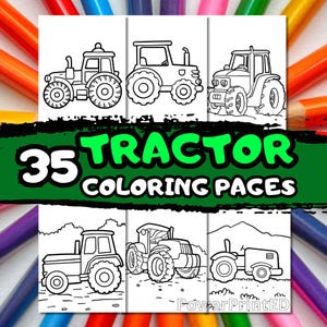 Può includere: Un set di 35 pagine da colorare di trattori in bianco e nero. Le pagine presentano diversi modelli di trattori, tra cui un trattore classico con un grande pneumatico anteriore, un trattore moderno con cabina e un piccolo trattore con un solo asse.