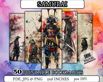 50 SAMURAI printable bookmarks/ digital bookmark/love bookmarks/watercolor bookmark/commercial use/ gift for booklover/ gift for booklover