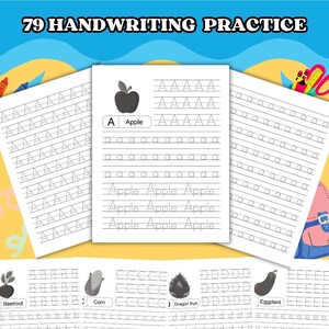 May include: A black and white printable worksheet for handwriting practice. The worksheet features the letter 'A' and the word 'Apple' repeated multiple times. The worksheet also includes other letters of the alphabet with corresponding images of fruits and vegetables.