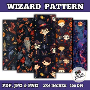 Può includere: Set di sei motivi di carta digitale a tema mago. I motivi includono immagini di gufi, pipistrelli, stelle, foglie e maghi. I motivi sono di 2x6 pollici e 300 DPI.