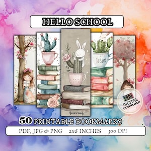 Puede incluir: Conjunto de 50 marcapáginas imprimibles con ilustraciones de acuarela de una niña leyendo bajo un árbol, un cactus en una taza de té con un conejo, una pila de libros y un cactus en una taza de té con un conejo. Los marcapáginas miden 5,1 cm por 15,2 cm y 300 DPI.