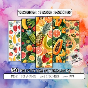 Puede incluir: Conjunto de 50 marcapáginas imprimibles con un patrón de frutas tropicales. Los marcapáginas miden 5,1 cm por 15,2 cm y 300 DPI. Los diseños incluyen piñas, plátanos, papayas, kiwis, fresas, sandías y naranjas.