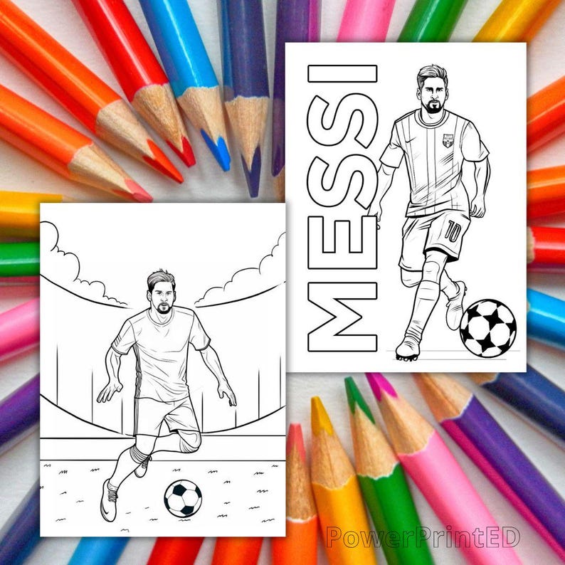 May include: Black and white coloring page featuring a soccer player dribbling the ball. The player is wearing a jersey with the number 10 on it. The word "MESSI" is written vertically on the right side of the page. The page is surrounded by colored pencils.