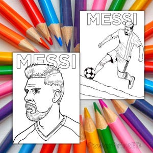 May include: Two black and white coloring pages featuring Lionel Messi, a famous soccer player. The first page shows a portrait of Messi with a beard and a short haircut. The second page shows Messi kicking a soccer ball.