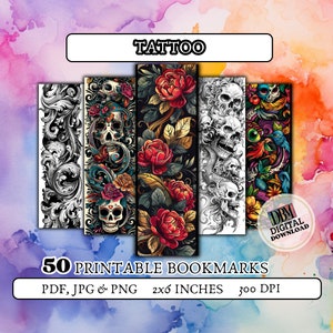 Può includere: Set di 50 segnalibri stampabili con disegni ispirati ai tatuaggi. I disegni includono motivi floreali, teschi e volute ornate. I segnalibri misurano 5,1 cm per 15,2 cm e 300 DPI.