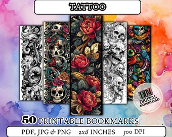50 TATTOO printable bookmarks/ digital bookmark/ tattoo bookmarks/ pattern bookmark/ gift for girls/ gift for booklover/ cute gift