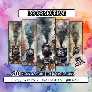 Może przedstawiać: Zestaw 50 drukowanych zakładek z akwarelowymi ilustracjami zabytkowych lokomotyw parowych. Każda zakładka ma rozmiar 5,1 cm x 15,2 cm i 300 DPI. Zakładki są dostępne w formatach PDF, JPG i PNG.