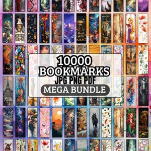 Könnte beinhalten: Eine Collage aus 10.000 Lesezeichen in verschiedenen Stilen und Designs. Die Lesezeichen sind in den Formaten JPG, PNG und PDF verfügbar. Der Text "10000 BOOKMARKS JPG PNG PDF MEGA BUNDLE" wird in der Mitte des Bildes angezeigt.