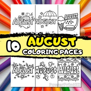 10 AUGUST coloring pages/ Summer month coloring/ Back to school coloring/ Beach vacation printable/ Sunflower coloring sheet/Relaxing August