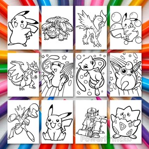 May include: A set of ten black and white coloring pages featuring various Pokemon characters. The characters include Pikachu, Charizard, Bulbasaur, Squirtle, and more.