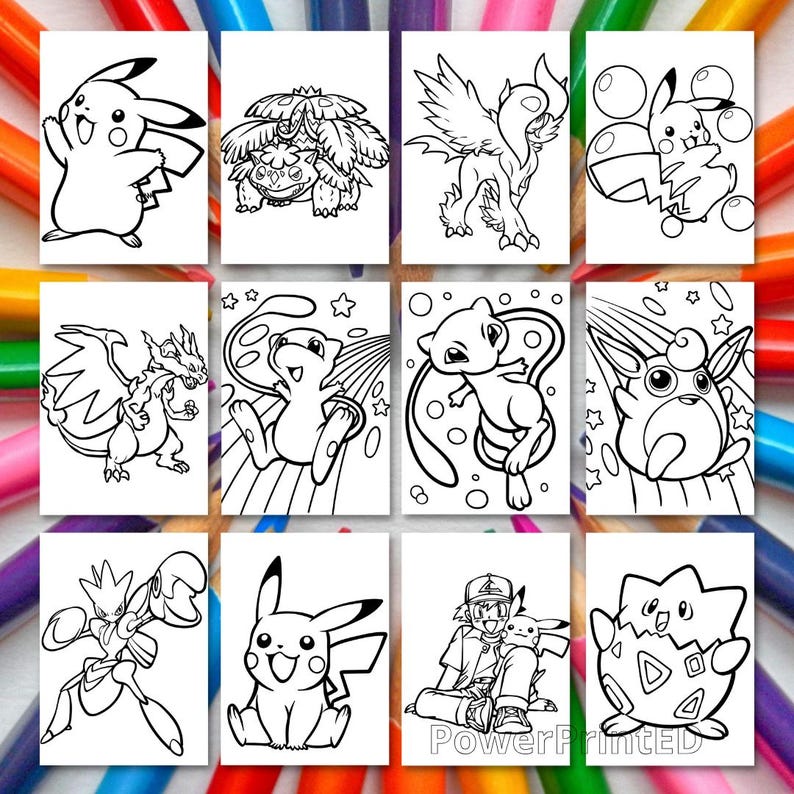 May include: A set of ten black and white coloring pages featuring various Pokemon characters. The characters include Pikachu, Charizard, Bulbasaur, Squirtle, and more.