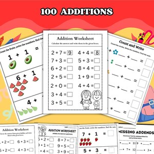Può includere: Un set di fogli di lavoro stampabili per i bambini per esercitarsi con i problemi di addizione. I fogli di lavoro presentano illustrazioni colorate di frutta, cerchi e bambini. I fogli di lavoro includono istruzioni per contare gli oggetti e scrivere i numeri per trovare la somma. Il testo sui fogli di lavoro include "100 addizioni", "Foglio di lavoro di addizione", "Conta e scrivi", e "Addendi mancanti".