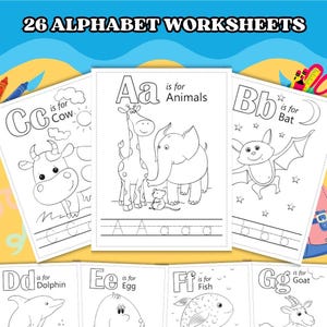 Puede incluir: Un conjunto de 26 hojas de trabajo del alfabeto para niños. Cada hoja de trabajo presenta una letra del alfabeto, una imagen de un animal y la palabra para el animal. Las hojas de trabajo son en blanco y negro y se pueden colorear.