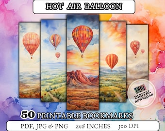 50 utskrivbara bokmärken med varmluftsballonger/digitala bokmärken/akvarellbokmärken/konstbokmärken/present till tjejer/present till bokälskare/bokmärke