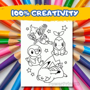 May include: Black and white coloring page featuring four Pokemon characters: a penguin, a turtle, a monkey, and Pikachu. The characters are surrounded by stars. The text "100% CREATIVITY" is at the top of the page. The text "PowerPrintED" is at the bottom of the page.