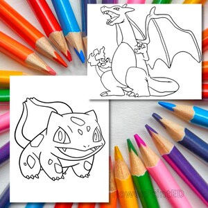 May include: Black and white line art coloring pages featuring two Pokemon characters: Charizard and Bulbasaur.  The images are on white paper with a background of colored pencils.