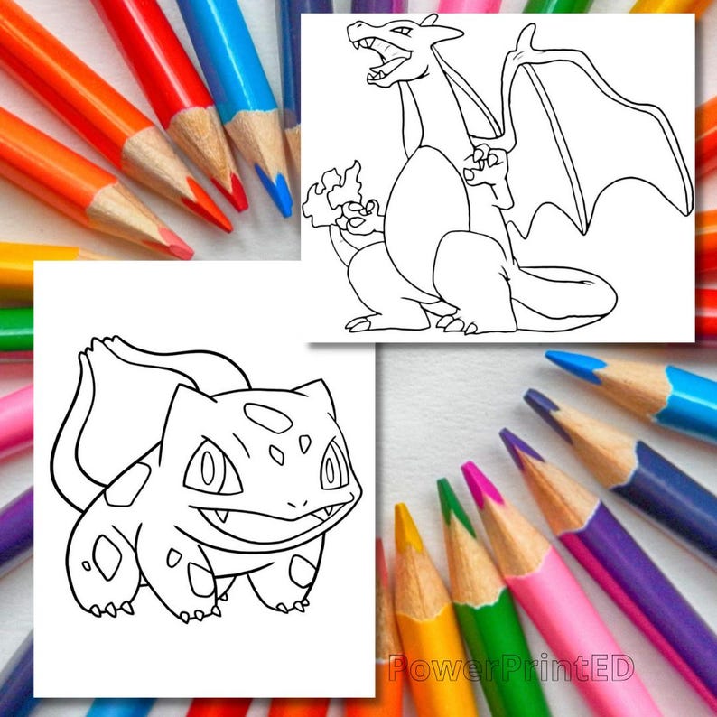 May include: Black and white line art coloring pages featuring two Pokemon characters: Charizard and Bulbasaur.  The images are on white paper with a background of colored pencils.