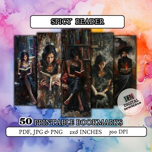 Può includere: Set di 50 segnalibri stampabili che mostrano donne che leggono libri in varie ambientazioni. I segnalibri misurano 5,1 cm per 15,2 cm e hanno una risoluzione di 300 DPI. Il testo "SPICY READER" è in alto nell'immagine.