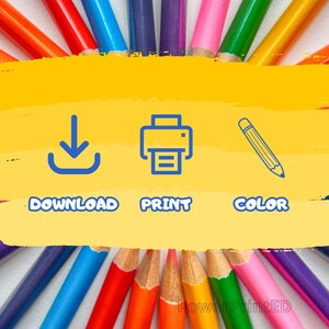 May include: A yellow background with blue icons for download, print, and color. The icons are surrounded by a circle of colored pencils.