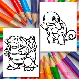 May include: Black and white line art coloring page featuring two turtle Pokemon. The first Pokemon is a large turtle with a shell that has a cannon on its back. The second Pokemon is a smaller turtle with a shell that has a swirl pattern on its tail.