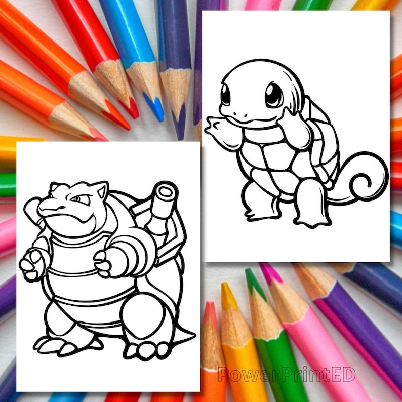 May include: Black and white line art coloring page featuring two turtle Pokemon. The first Pokemon is a large turtle with a shell that has a cannon on its back. The second Pokemon is a smaller turtle with a shell that has a swirl pattern on its tail.
