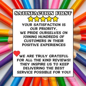 May include: A white card with the text "SATISFACTION FIRST" in black letters. Five gold stars are below the text. The text "YOUR SATISFACTION IS OUR PRIORITY." is below the stars. The text "WE PRIDE OURSELVES ON JOINING HUNDREDS OF CUSTOMERS IN THEIR POSITIVE EXPERIENCES" is below the previous text. A red heart is in the upper left corner of the text "WE ARE TRULY GRATEFUL FOR ALL THE KIND REVIEWS! THEY INSPIRE US TO KEEP DELIVERING THE BEST SERVICE POSSIBLE FOR YOU!" The text "Power PrintED" is in the bottom right corner of the card.