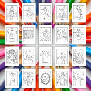 May include: A set of 20 black and white coloring pages featuring a soccer player in various poses. The pages include the player kicking the ball, celebrating a goal, and wearing a jersey with the number 10.