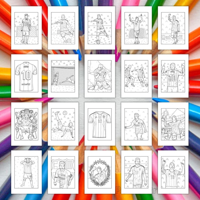 May include: A set of 20 black and white coloring pages featuring a soccer player in various poses. The pages include the player kicking the ball, celebrating a goal, and wearing a jersey with the number 10.