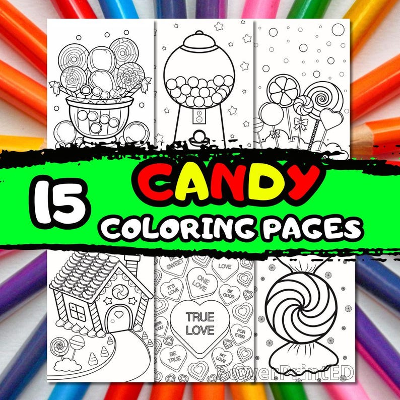 May include: 15 black and white colouring pages featuring candy themed illustrations. The images include a candy jar, a gumball machine, lollipops, a gingerbread house, and candy hearts.