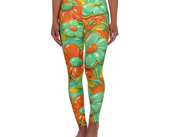 Retro Floral Pattern High Waisted Yoga Leggings | Orange Green 60s Flower Print