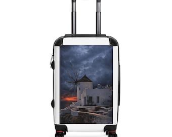 Santorini Windmill Sunset Suitcase | Moody Greek Travel Luggage | Hard Shell Travel Bag with Scenic Photo