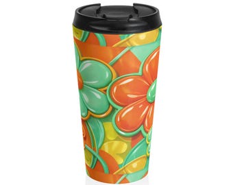 レトロなオレンジとグリーンの花柄ステンレス製マグカップ｜トラベルタンブラー、60年代風の花柄