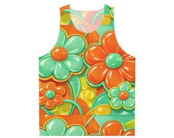 Retro orangegrönt blommigt linne | Ljust blommönster över hela trycket