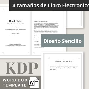 Può includere: Un modello di documento digitale per KDP con diversi layout di pagina, tra cui una pagina del titolo, una pagina del copyright e una sezione sull'autore. Il testo include segnaposto come Book Title, Author Name e About The Author in un layout.