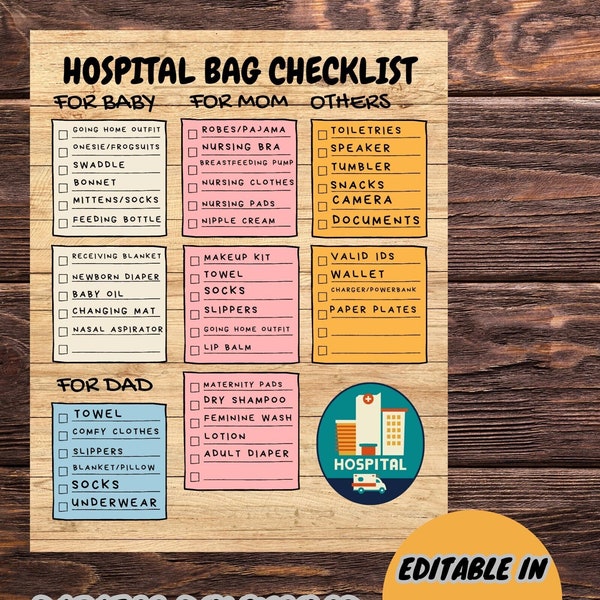 Hospital Bag Checklist | Birth Packing List | Labor and Delivery | Labor Bag Checklist | Editable Canva Template