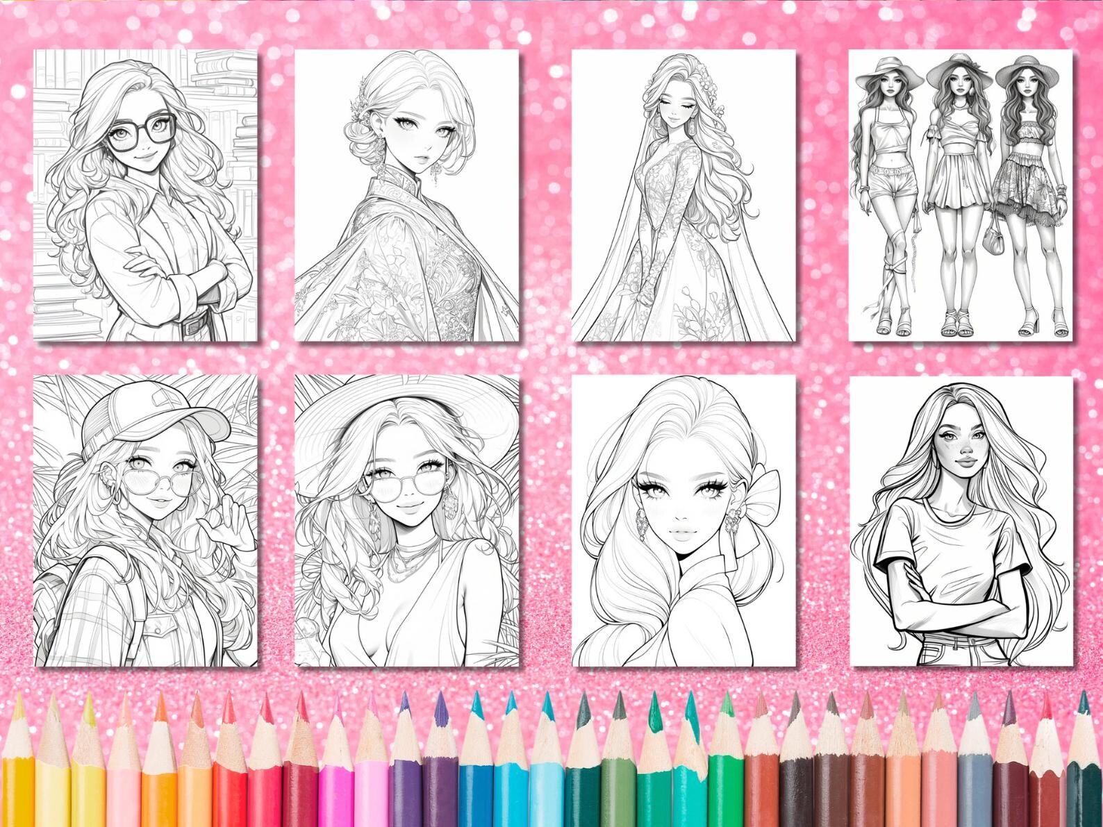Fashion Doll Coloring Pages, Stylish Girl Printables, Fun Coloring Book for Kids, Digital ...
