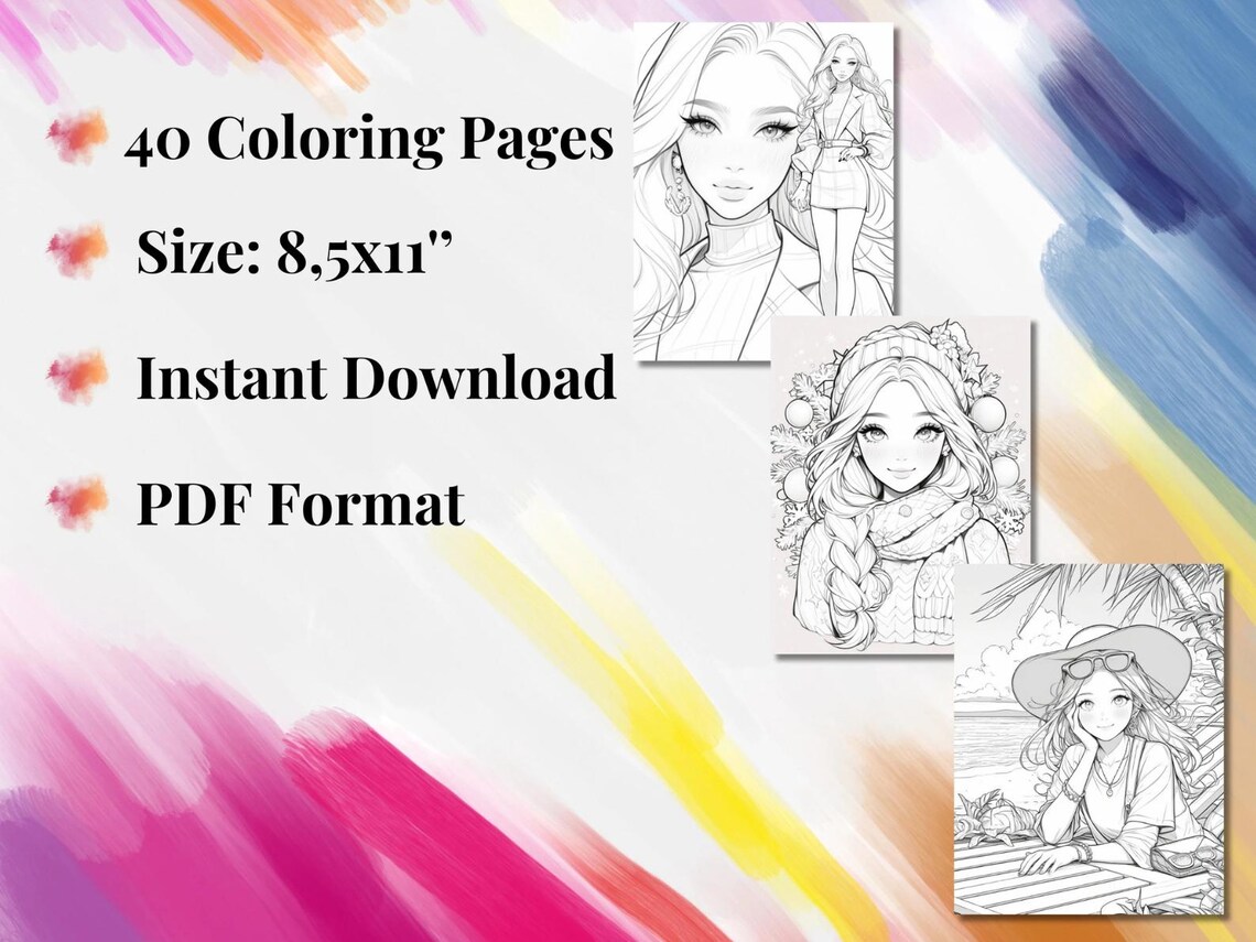 Fashion Doll Coloring Pages, Stylish Girl Printables, Fun Coloring Book for Kids, Digital ...