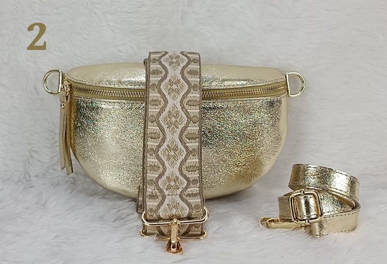 Riñonera de cuero dorado para mujer, bolso bandolera pequeño, bolso de cuero mujer, pequeño regalo para ella, regalo de cumpleaños para ella, acabados en oro imagen 3