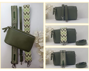 Bolso bandolera de piel verde con dos asas una de piel y otra estampada, ambas intercambiables, varios colores, acabados plateados