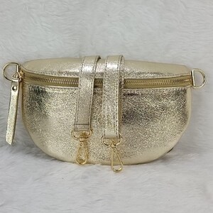 Sac banane en cuir doré pour femme, petit sac à bandoulière, sac en cuir pour femme, petit cadeau pour elle, cadeau d'anniversaire pour elle, finitions dorées OPTION 1