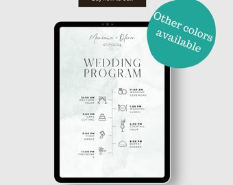 May include: A digital wedding program template displayed on a tablet screen. The template is light green with a watercolour effect and features a timeline of wedding events with icons. The text reads "Wedding Program" and "Mariana & Oliver 12/06/2024".