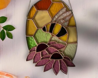 Stained glass bee echinacea flowers sun catcher window hanging