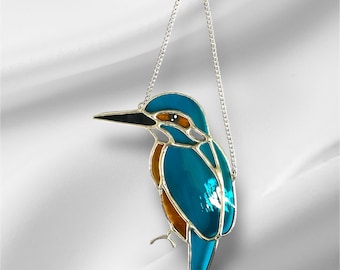 Attrape-soleil martin-pêcheur en vitrail : décoration de fenêtre en verre