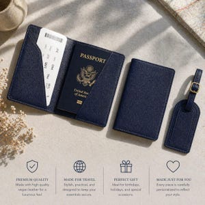 May include: A dark blue passport holder containing a United States passport and a boarding pass, alongside a closed dark blue passport holder and a matching dark blue luggage tag with a gold-toned buckle, all featuring a textured finish.