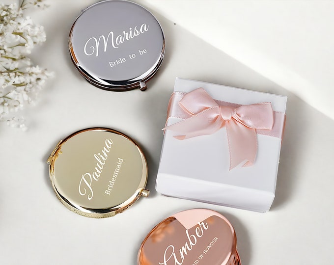 Custom Engraved Compact Mirror | Personalized Bridesmaid Gift | Elegant Wedding Party | Monogrammed Makeup Mirror | Bridal Shower Present |