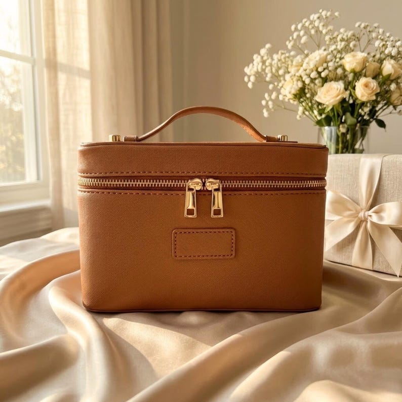 May include: A rectangular tan vanity case with a top handle and gold-toned hardware. The case features a double zip closure across the top and a small rectangular patch on the front centre. The exterior has a textured finish and structured design.
