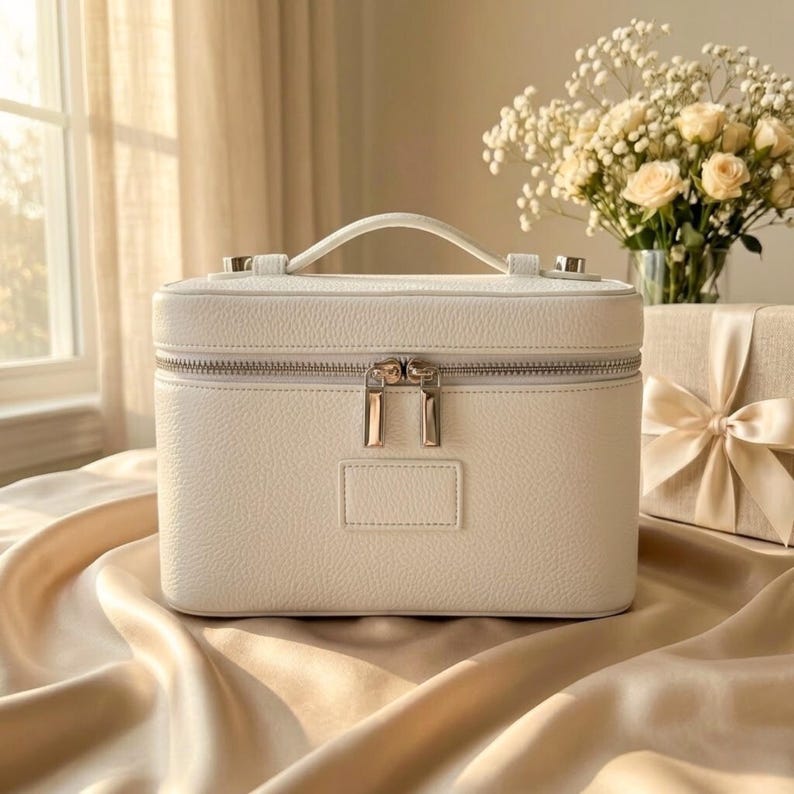May include: A rectangular white vanity case with a textured finish, featuring a top handle, a silver-toned double zipper closure, and a small rectangular patch on the front. The case has a structured design with rounded corners and metallic hardware.