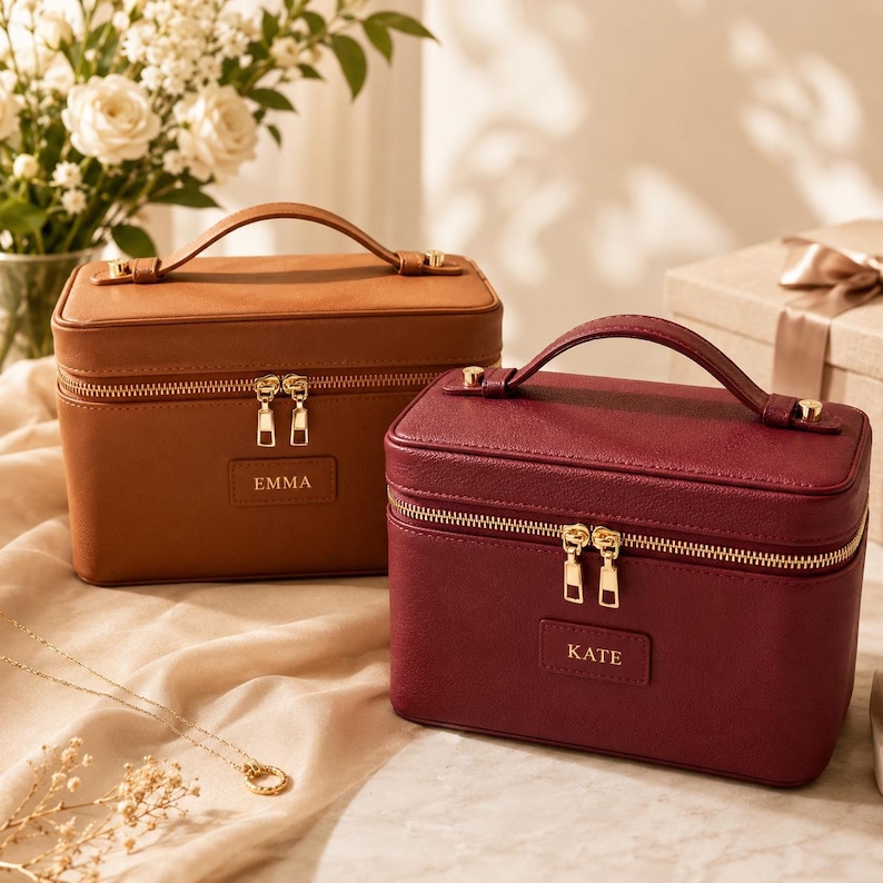 May include: Two rectangular vanity cases with top handles and gold-tone zips. One case is tan with the name EMMA embossed on a front patch, and the other is deep red with the name KATE embossed on a front patch. Both feature a structured design.