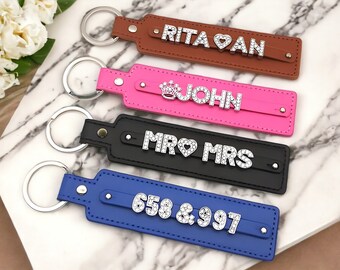 Personalized Keychain | Custom Rhinestone Name Letter | Engrave Key Ring | Gift For Her | Leather Wristlet | Name Tag |