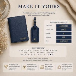 May include: A navy blue passport wallet and matching luggage tag with gold embossed text. The image includes text reading MAKE IT YOURS, EMBOSSING EXAMPLES, FONT PREVIEW, and CUSTOM LOGO UPON REQUEST, alongside icons for quality, travel, and personalization.